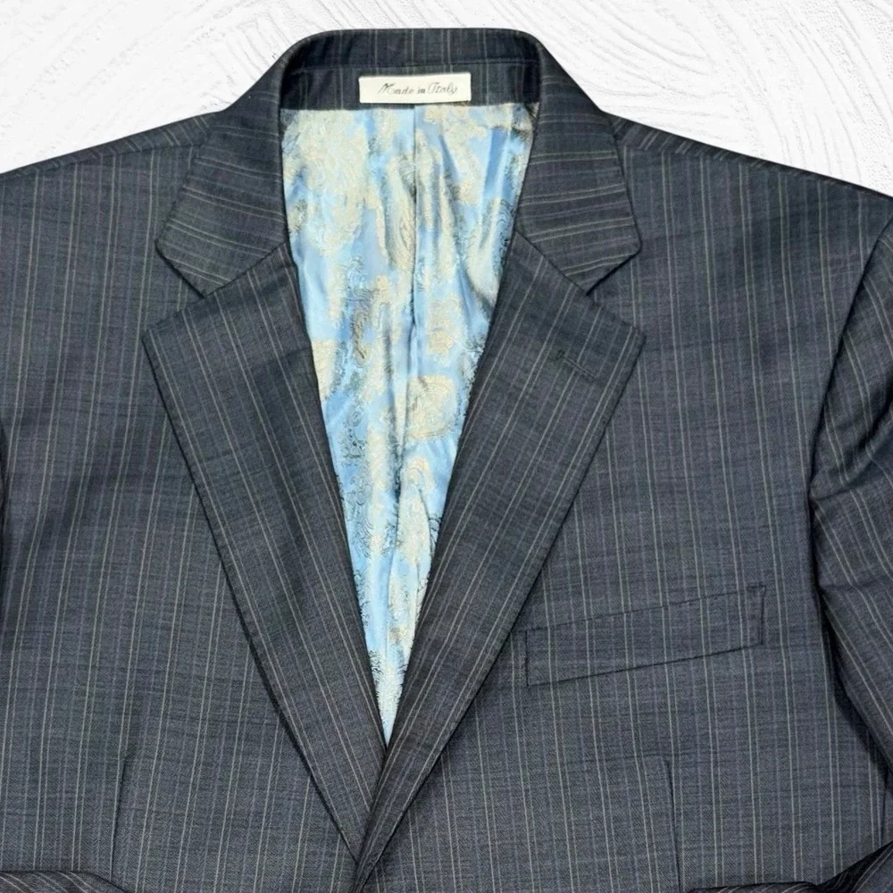 Sartoria Tosi 42R Hand Made Italy Super 150s/Silk Blazer Gray Blue Pinstripe